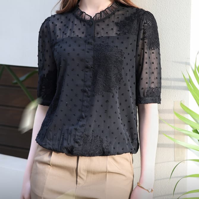 ブラウス ドットコーデ シアー素材ドット柄刺繍入り半袖ブラウス