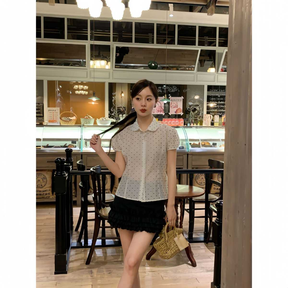 シャツ ドットコーデ ドット柄パフスリーブペプラムシャツ