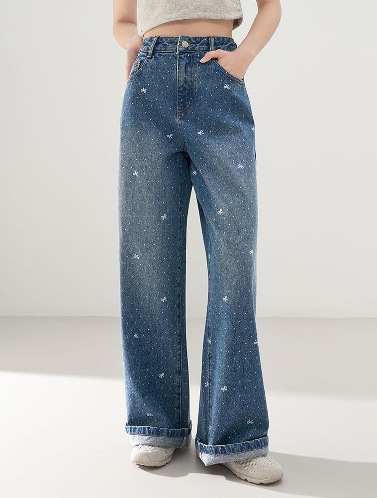パンツ ドットコーデ 星柄ドット散りばめワイドストレートパンツ