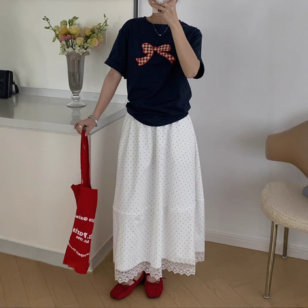 スカート ドットコーデ レース縁取り水玉ロングスカート