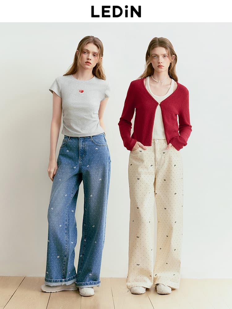 パンツ ドットコーデ 星柄ドット散りばめワイドストレートパンツ