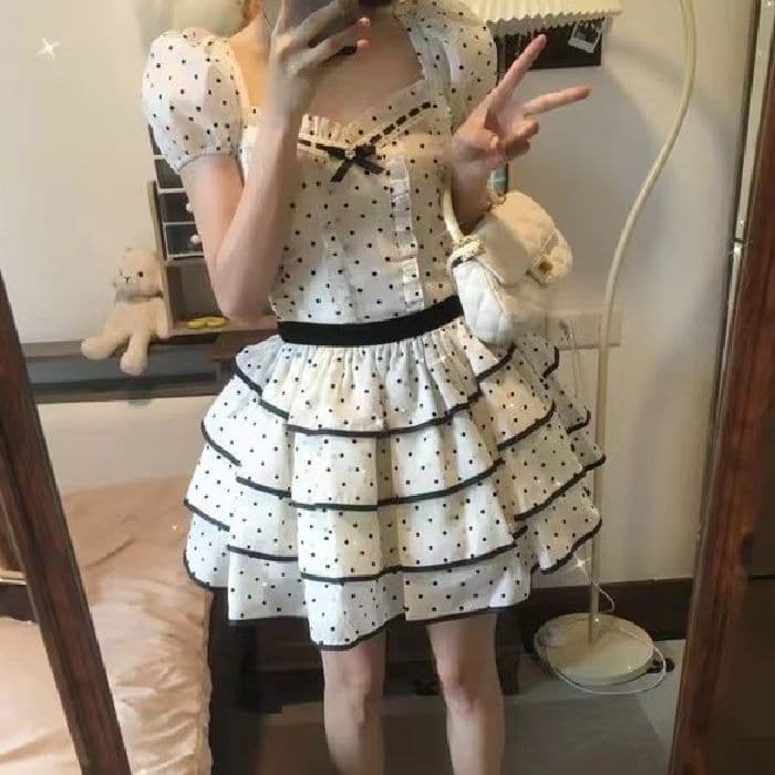 ワンピース ドットコーデ ティアードフリル水玉模様ワンピース