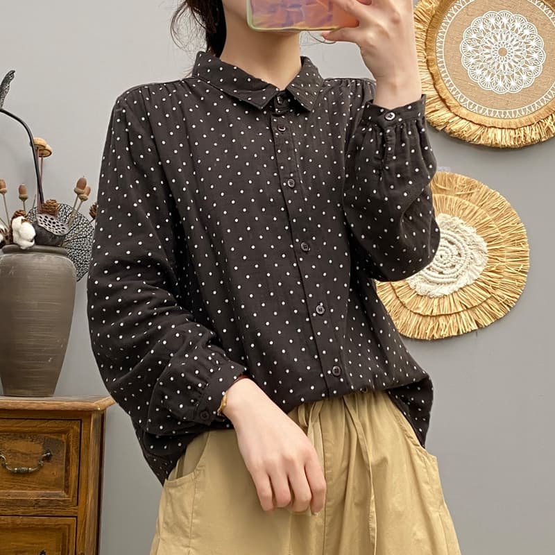 シャツ ドットコーデ 優雅な水玉模様の長袖シャツ