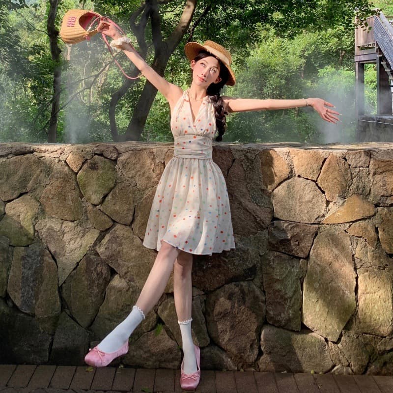 ワンピース ドットコーデ 水玉リボンホルターネックワンピース