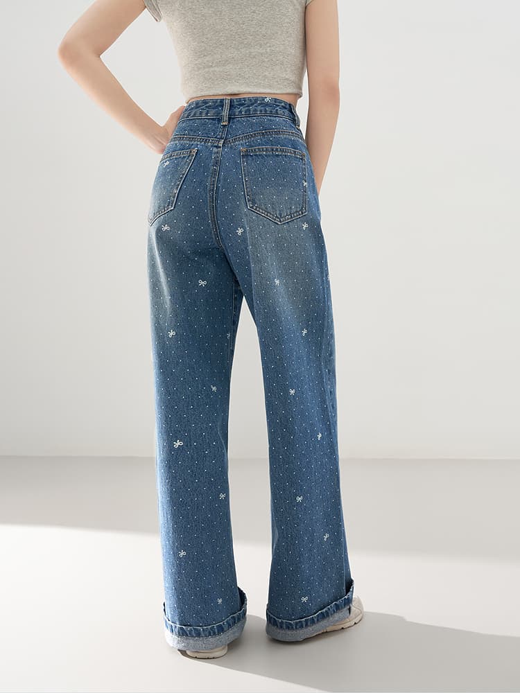 パンツ ドットコーデ 星柄ドット散りばめワイドストレートパンツ
