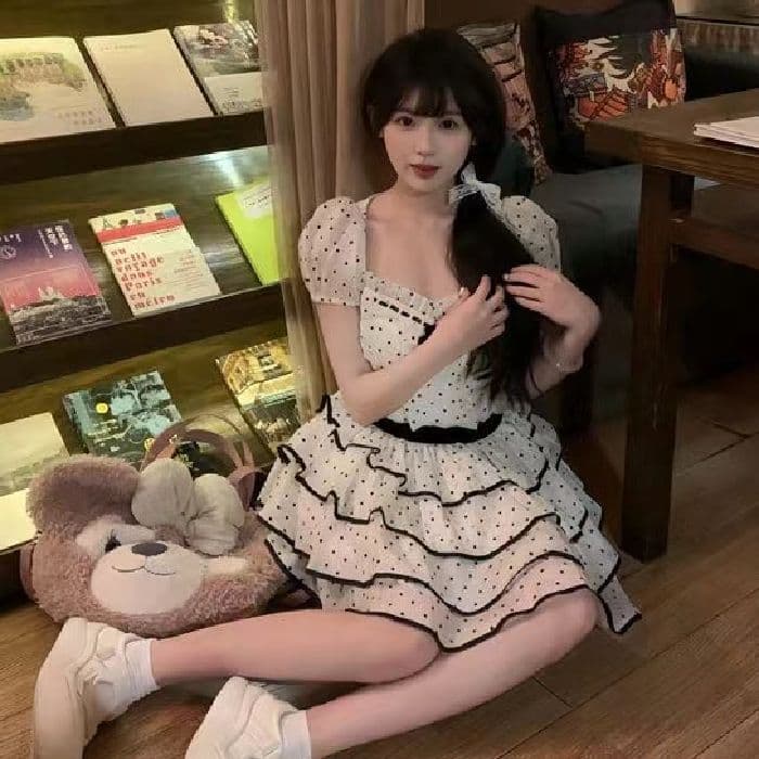 ワンピース ドットコーデ ティアードフリル水玉模様ワンピース